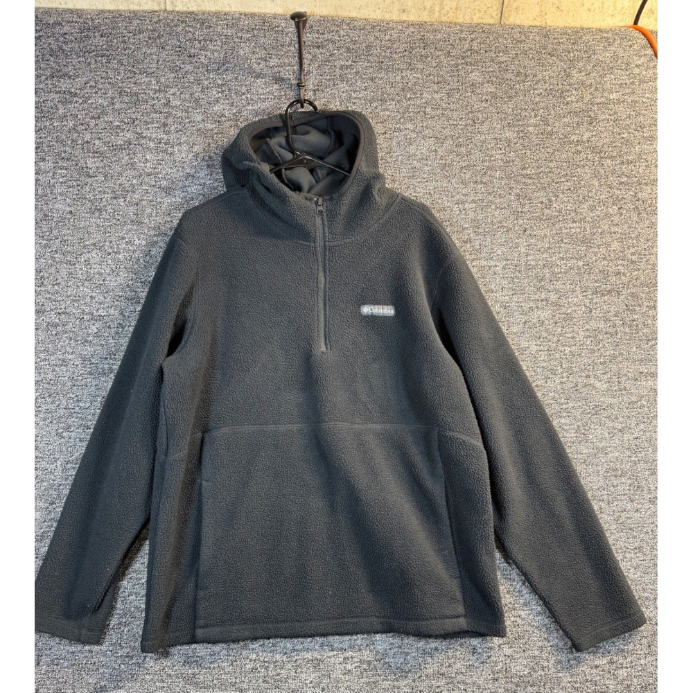 Columbia Mens Large Black Quarter Zip Fleece Hoodie Kangaroo Pocket XM1124